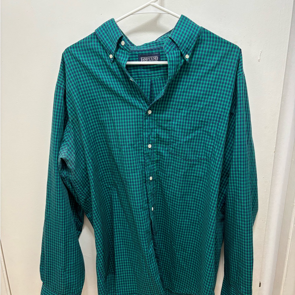 Lands' End Men's Green Checkered Shirt